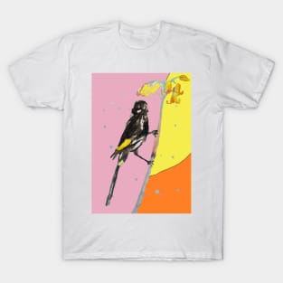 Australian Honeyeater Bird Painting - New Holland on Yellow and Pink T-Shirt